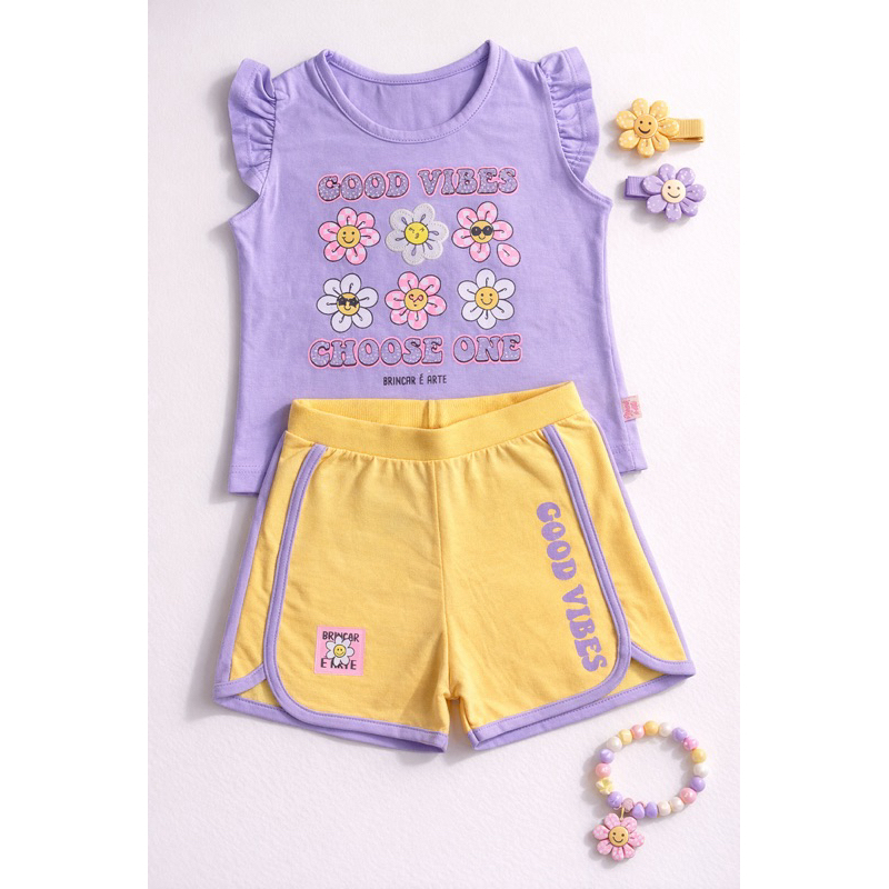 Conjunto Feminino Brincar E Arte Good Vibes Blusa E Short Moletinho
