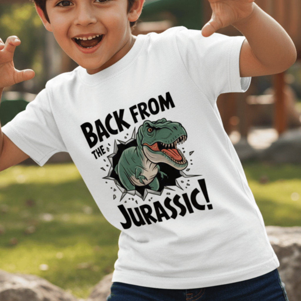 Camiseta Infantil Dinossauro T-rex Back From The Jurassic Em Algodão 100% Estampa Premium