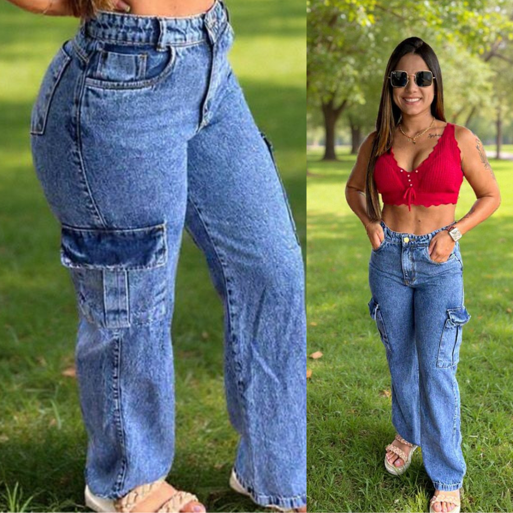 Calça Jeans Cargo Feminina Wide Leg com Cintura Alta  azul marmorizada em Oferta na Shopee