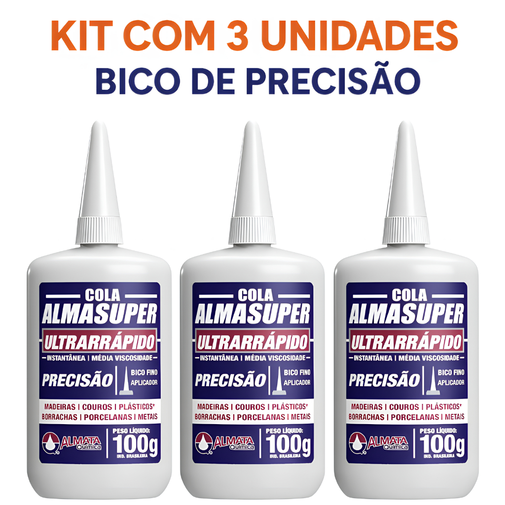 Kit 3 Cola Instantânea Almasuper 100g | Bico de Precisão | Secagem Rápida em Oferta na Shopee