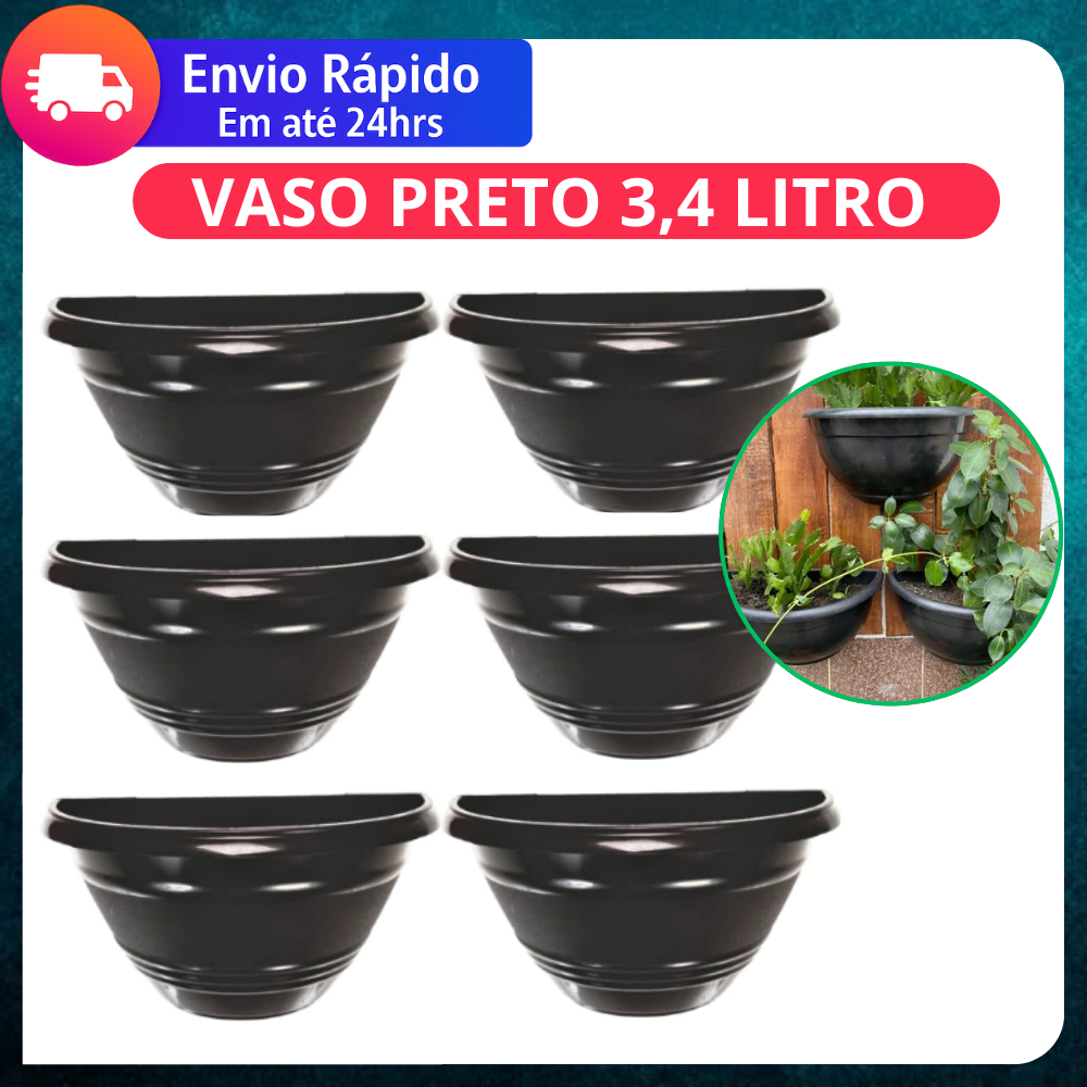 Kit 10 Vaso de Parede Meia Lua 3,4L Grande Preto de Plastico Flores e Plantas Resistente em Oferta na Shopee