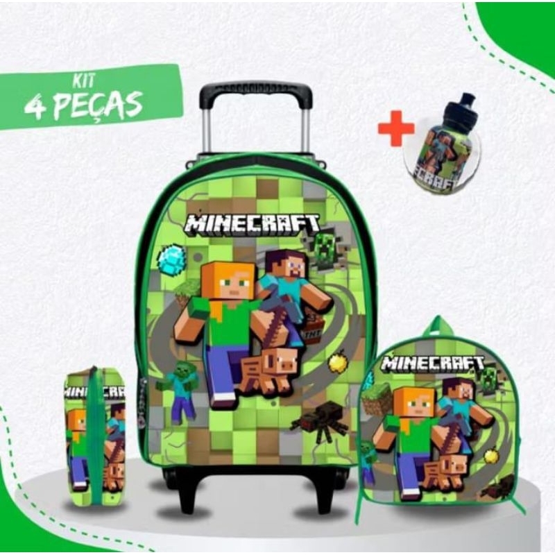 kit mochila escolar Minecraft + Lancheira + estojo+ garrafinha