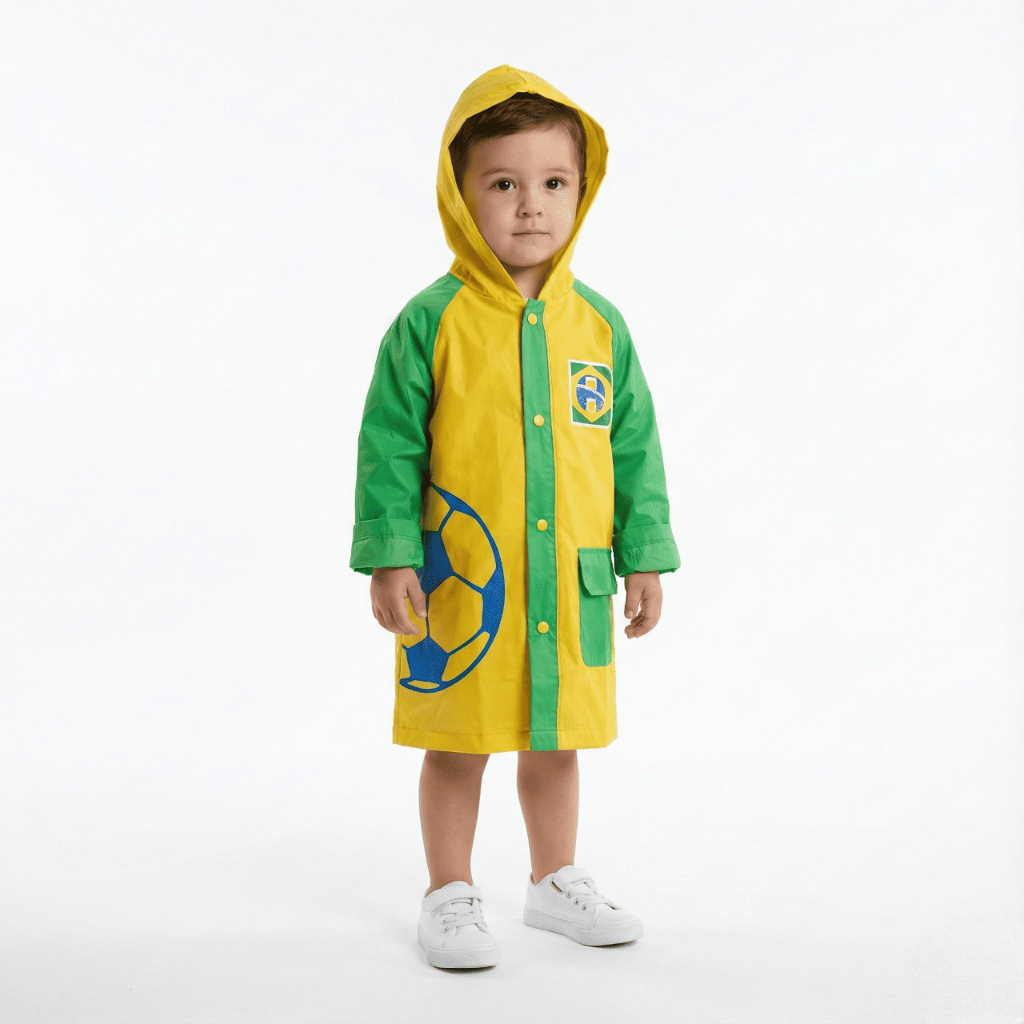 Capa de chuva infantil com capuz e bolsos PVC