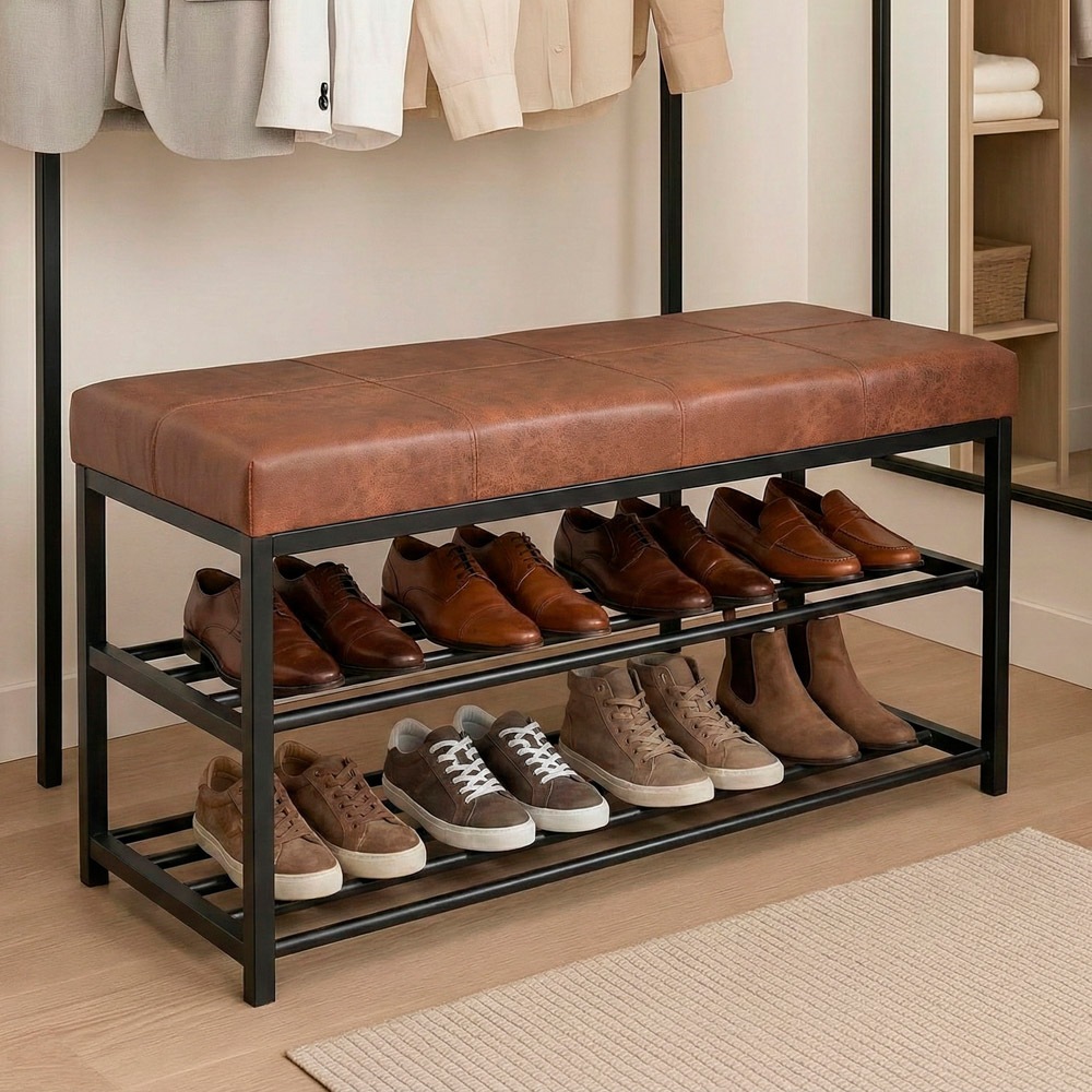 Sapateira Calçadeira 85cm 02 Prateleiras Puff Banco Closet Zuri New Dallas Whisky