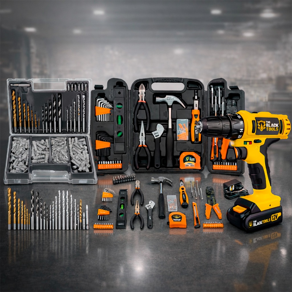 Kit Jogo De Ferramentas 429 Peças C/ Maleta E Furadeira Parafusadeira Sem Fio A Bateria 12v 3/8 10mm The Black Tools