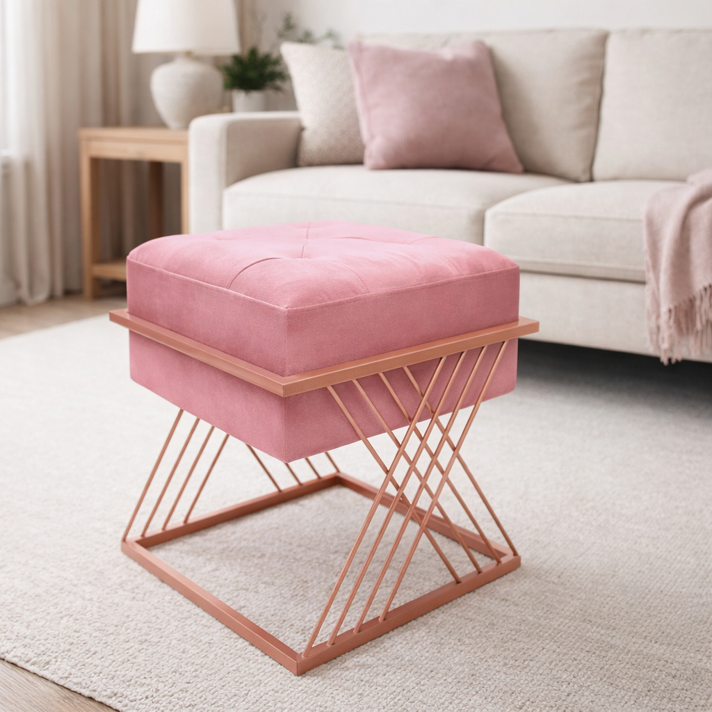 Puff Imperial Quadrado Treliça Base Rose Gold Veludo Capitonê