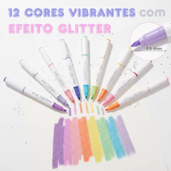 12 Pcs Canetas Marcadoras de Glitter Conjunto Fluorescentes Secagem Rápida Tinta à Prova d'Água