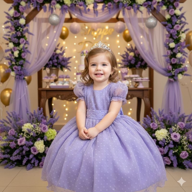 Vestido Lilás Bolinhas festa infantil aniversário luxo Sofia princesa