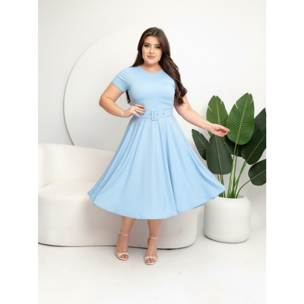 Vestido Midi Godê Estampado Com Cinto Moda Evangelica Cristã Feminina