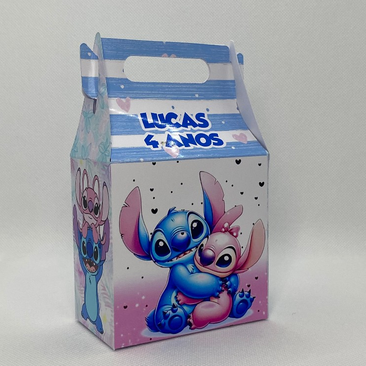 Caixinha Stitch Angel Maletinha Personalizada com Nome Idade Lembrancinha Festa Infantil Aniversário
