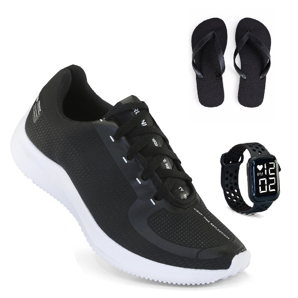 Tenis Masculino + Relogio + Chinelo Esportivo Corrida Treino Versatil Sola Macio Tenis Respiravel Super leve
