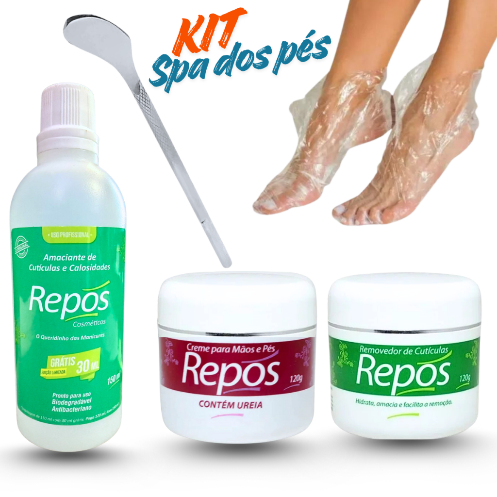 🟢 Kit Spa Dos Pés Amaciante + removedor + creme ureia e bisturi 222 Repos + 10 bota descartável em Oferta na Shopee