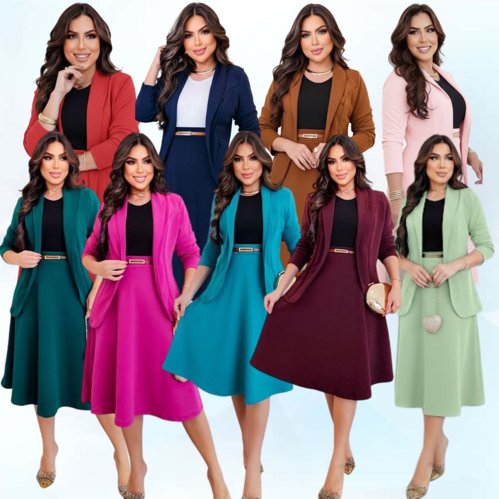 CONJUNTO FEMININO 4 PEÇAS: BLAZER, SAIA, CAMISETA E CINTO MODA EVANGÉLICA  PLUS SIZE CONGRESSO CULTO em Oferta na Shopee