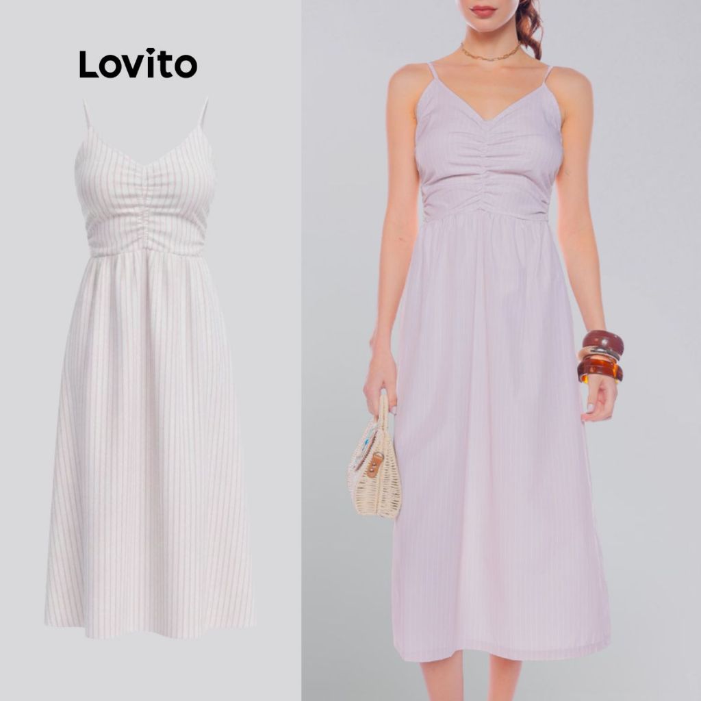 Lovito Vestido Feminino Midi de Alças Finas Listrado LB850BRL880 em Oferta na Shopee