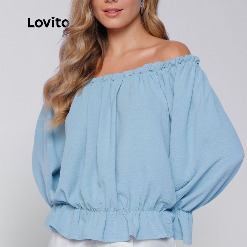 Lovito Blusa Manga Longa Azul Claro Elegante Tecido Leve Feminina Ombro a Ombro LB1392BRL1422 em Oferta na Shopee