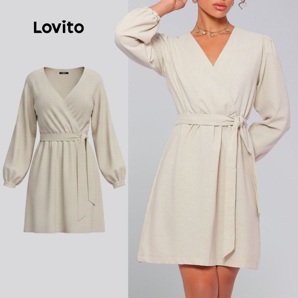 Lovito x Glenda Vestido Linho Curto Manga Longa Transpassado com Decote V Feminino  LB253BRL282 em Oferta na Shopee