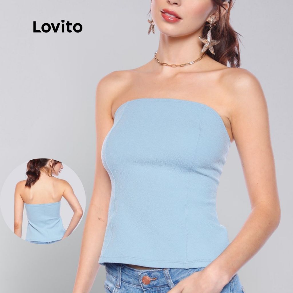 Lovito Blusa Sem Mangas Azul Basica Casual Feminina  LB967BRL997 em Oferta na Shopee