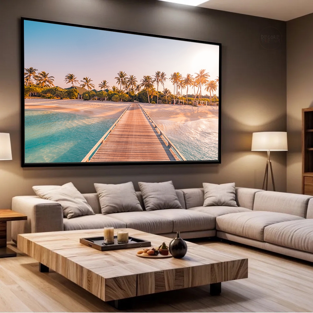 Quadro Decorativo Paisagem Praia Paradisíaca Trapiche de Madeira Mar Cristalino e Coqueiros Horizontal moldura e vidro