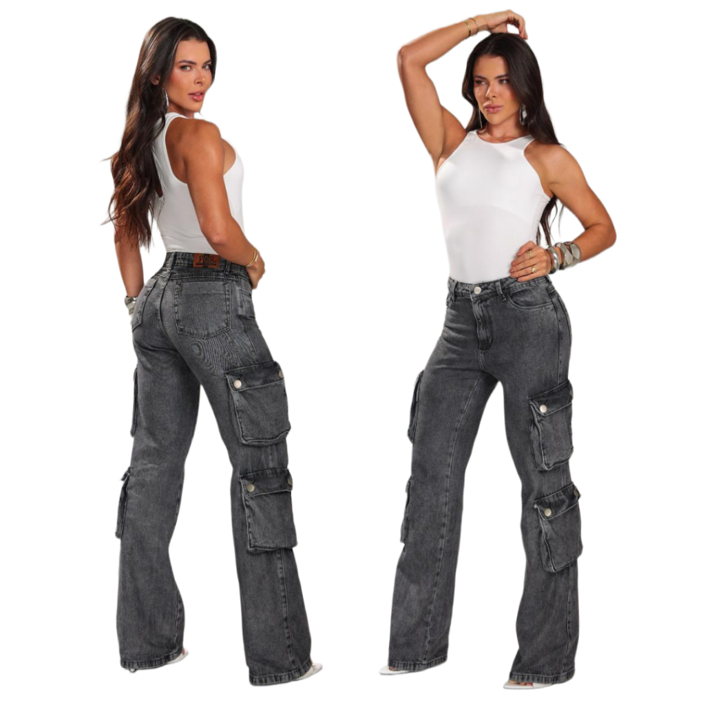 Calça Jeans Feminina Wide Leg Cargo Marmorizada Pantalona Cintura Alta – Boca Larga, Confortável, Moderna, Tendência Blo