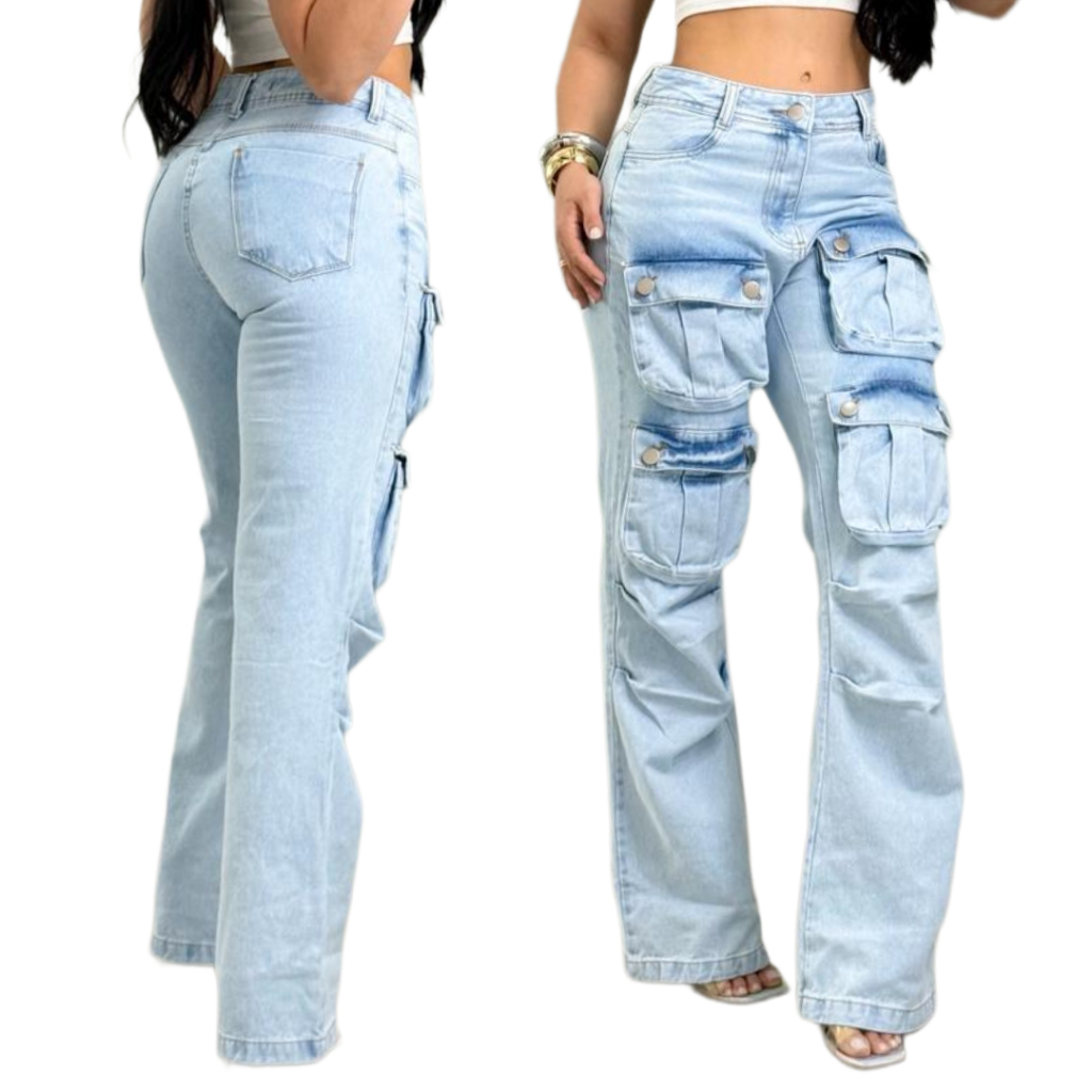 Calça Jeans Feminina Wide Leg Cargo Marmorizada Cintura Alta – Pantalona Boca Larga, Jeans Premium, Moderna, Confortável