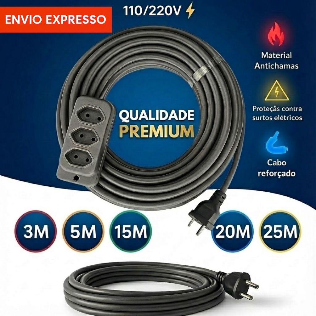 Extensão Elétrica CABO PP 2x2.5mm 20A/10A Resistente 3/5/15/20/25/30 (METROS)