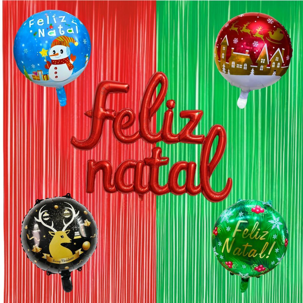 Kit Decoração Feliz Natal Balão e Cortina Metalizada Festas Fim de Ano Comemoração Papai Noel