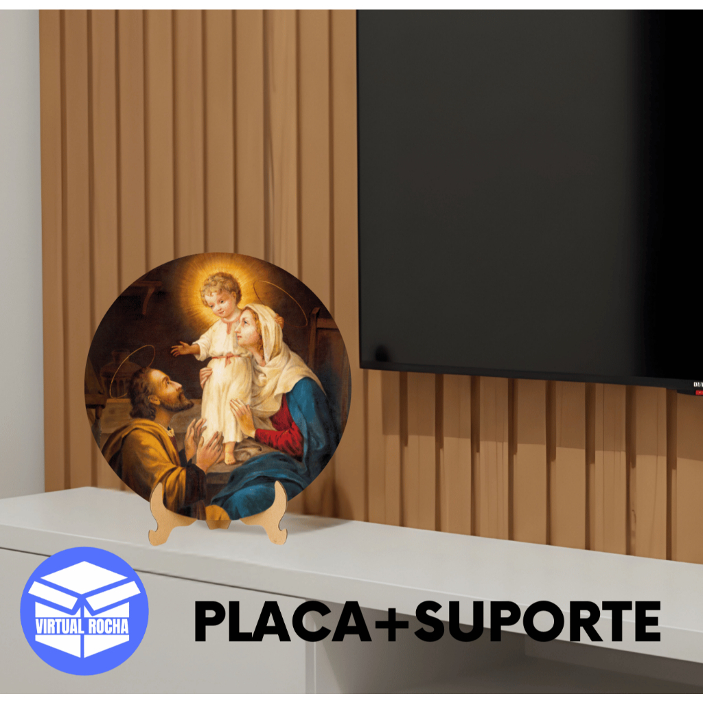 Quadro Redondo Decorativo Enfeite Sagrada Família Natal Foto Porta Retrato MDF Com Suporte