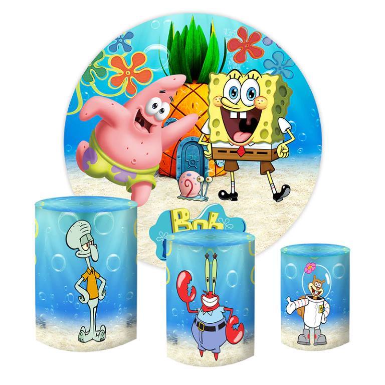 KIT PARA FESTAS, BOB ESPONJA, REDONDO 1,5M DE DIÂMETRO + 3 CAPAS DE CILINDROS em Oferta na Shopee