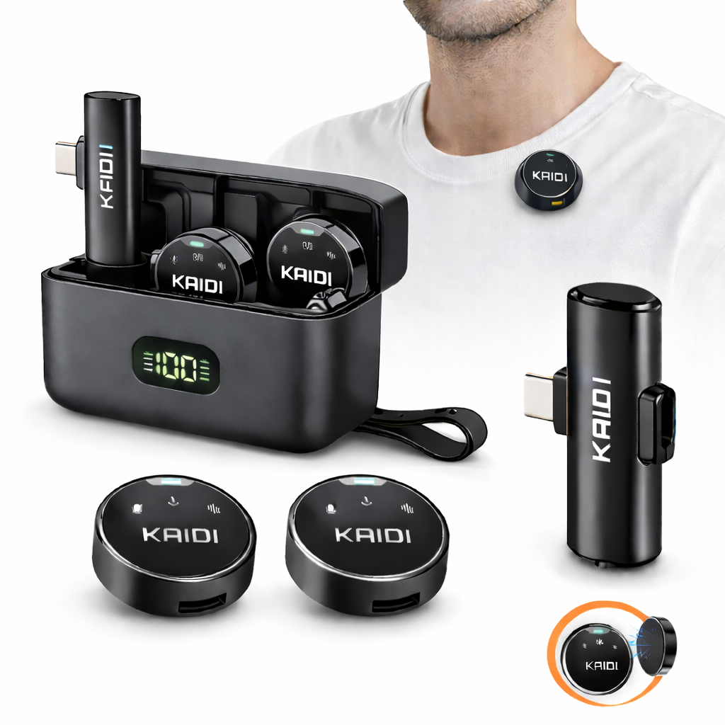 Microfone Lapela Sem Fio Duplo Anti Ruído Tipo C para Android e iPhone 15 16 com Imã Preto