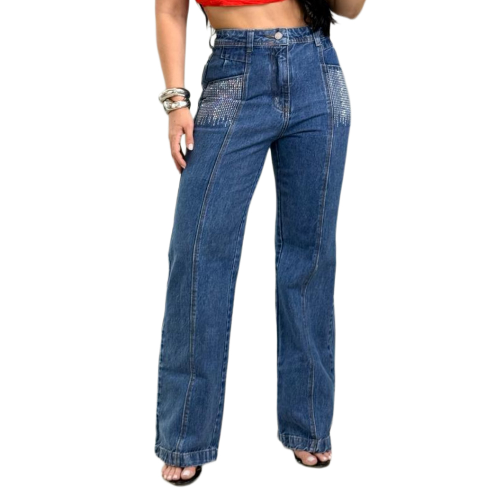 Calça Jeans Feminina Wide Leg com Brilho no Bolso Cintura Alta – Pantalona Boca Larga, Jeans Premium, Moderna, Tendência