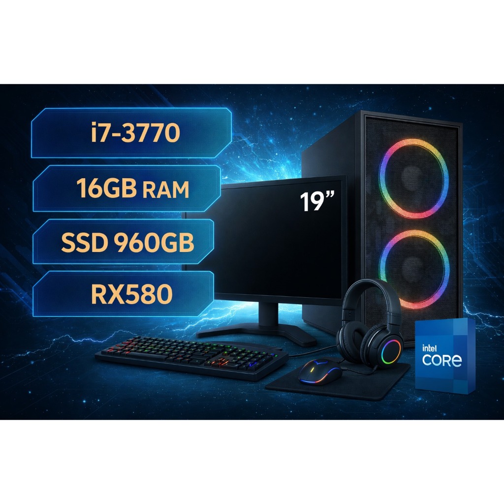 Computador Gamer Intel Core i7 3.4GHz - SSD 960GB - 16GB RAM - Placa de Vídeo RX580 8GB - Monitor 19