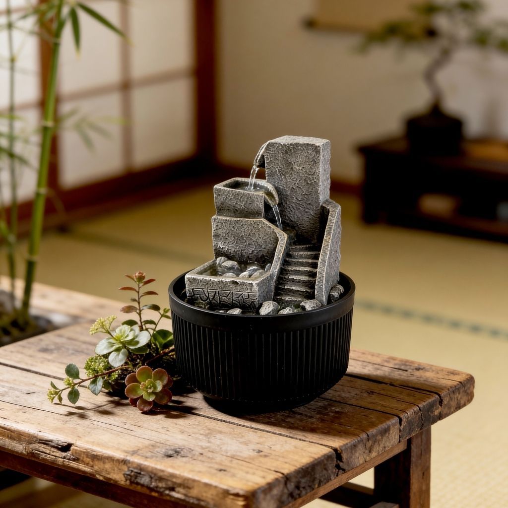 Imagem Fonte De Água Decorativa Escada 2 Quedas Com Led Bivolt Meditação Zen