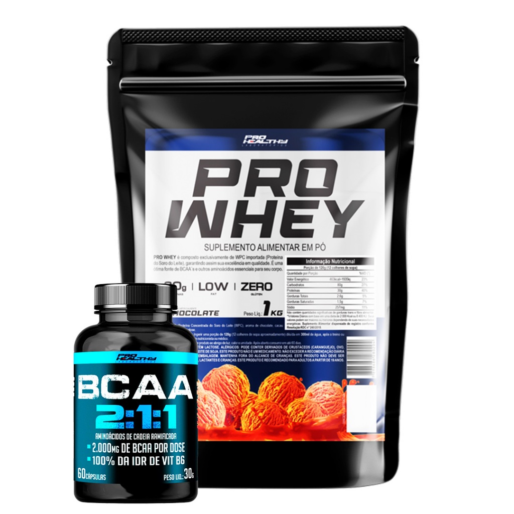 Kit Whey Protein 1Kg Refil + Bcaa 2000mg 60 Cápsulas - Pro Healthy