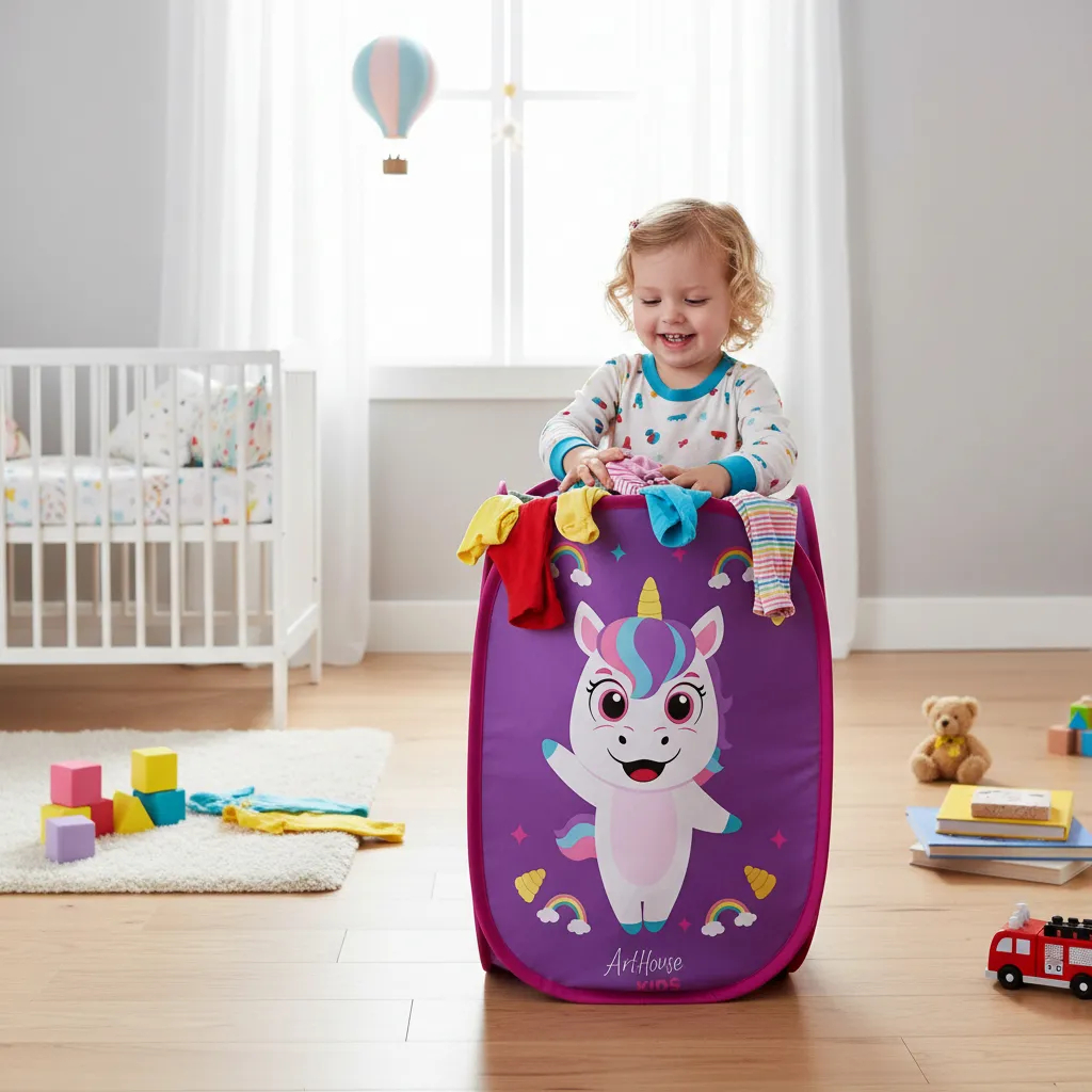 Cesto Roupa Organizador Brinquedos Infantil Dobrável Unicornio Coruja Dino