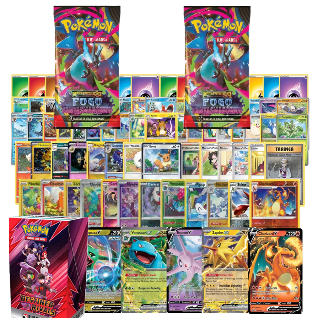 Mega Combo Lote com 40 cartas de Pokémom Originais Copag + 2 Boosters Fogo Fantasmagórico Lacrados