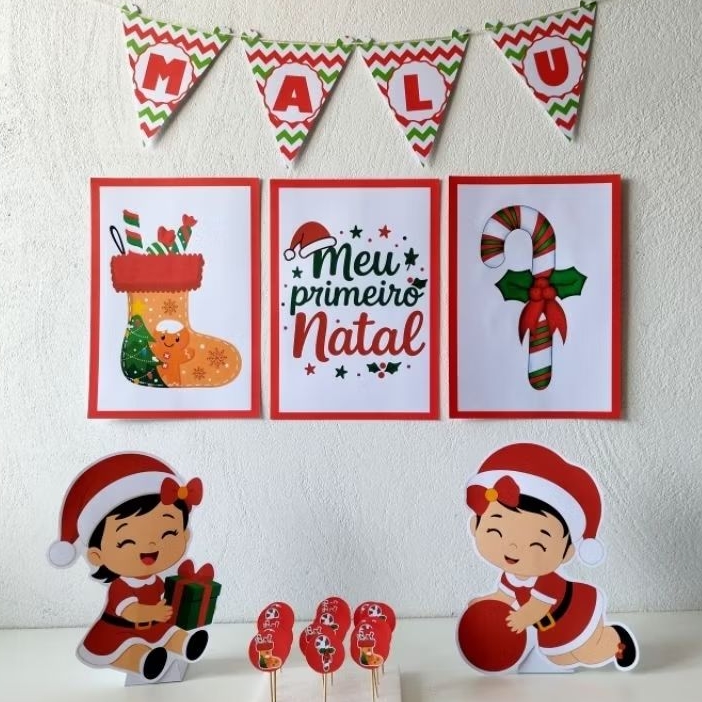 Kit festa Natal menina decoração infantil personalizado para aniversário e mesversário meu primeiro Natal
