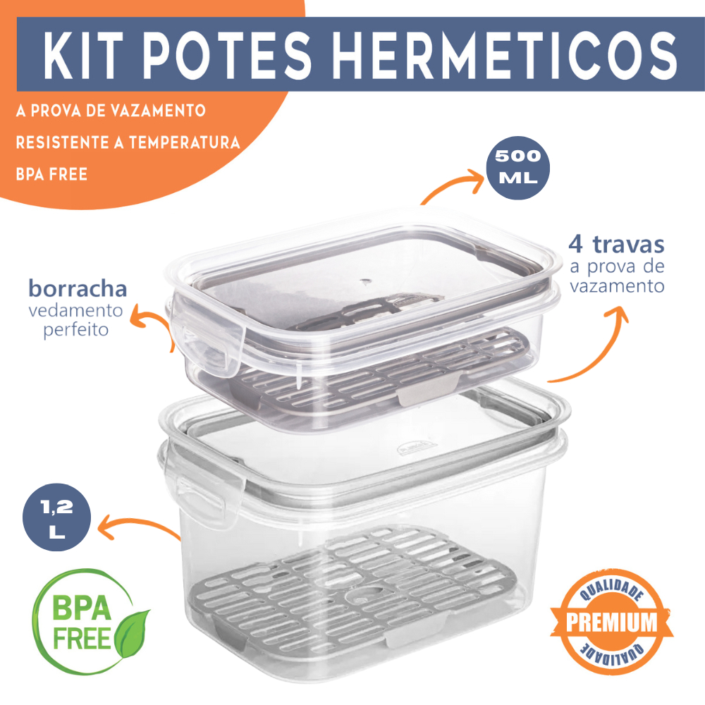 Kit 2 Porta Frios Potes Hermético C/ Travas Cesto Escorredor 1,2 L E 500ml Alimentos Frutas Vegetais