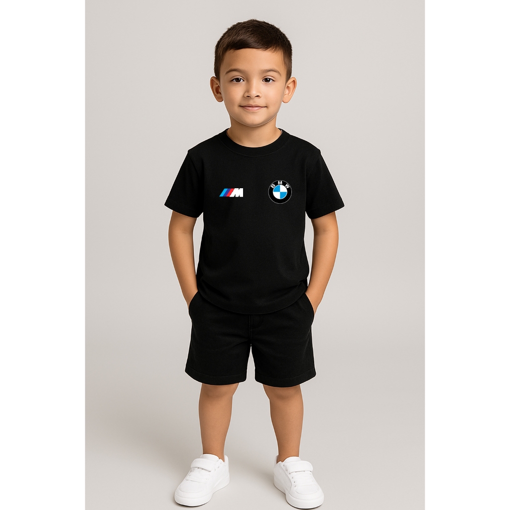 Camiseta Infantil BMW Estilo Automotivo com Estampa Minimalista de Performance 100% Algodão Tamanhos 06 ao 16