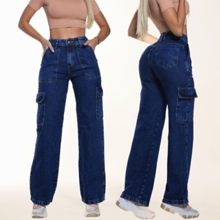 Calça Jeans Feminina Wide Leg Cargo Lisa Pantalona 100% Algodão Premium Levanta Bumbum Cintura Alta em Oferta na Shopee