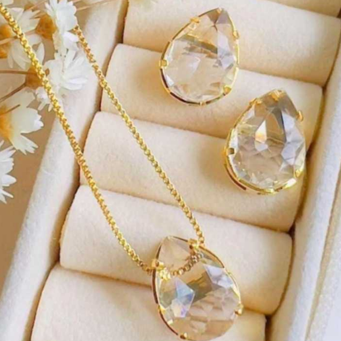 Kit Conjunto de Colar gota  e Brinco Cordão Veneziana Folheado a prata 925 e ouro 18K elegante delicado. em Oferta na Shopee