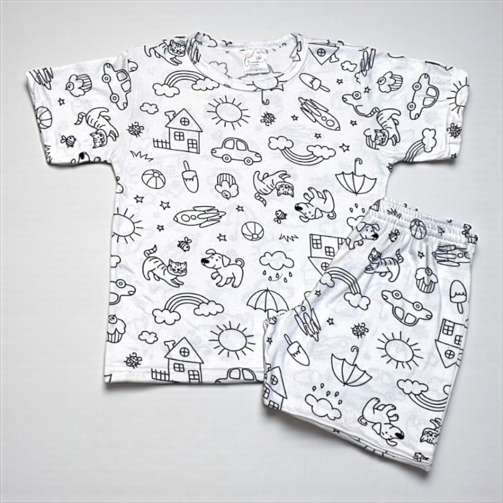 Pijama Infantil  para Colorir Menino e Menina Manga Curta – Conjunto Blusa + Shorts Confortável em Oferta na Shopee