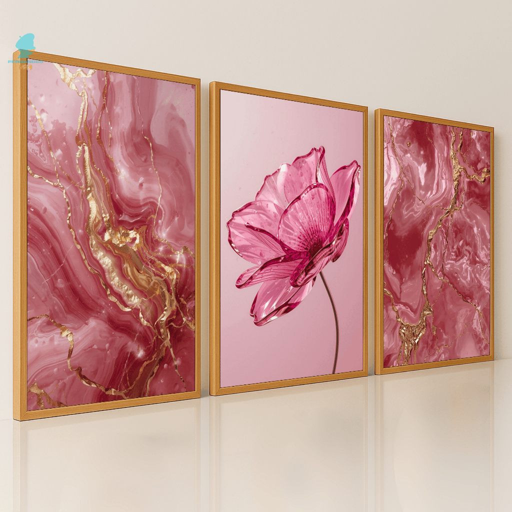 Quadros Decorativos Trio Floral Mármore Rosa Dourado Flor 3D Luxo  Sala Quarto