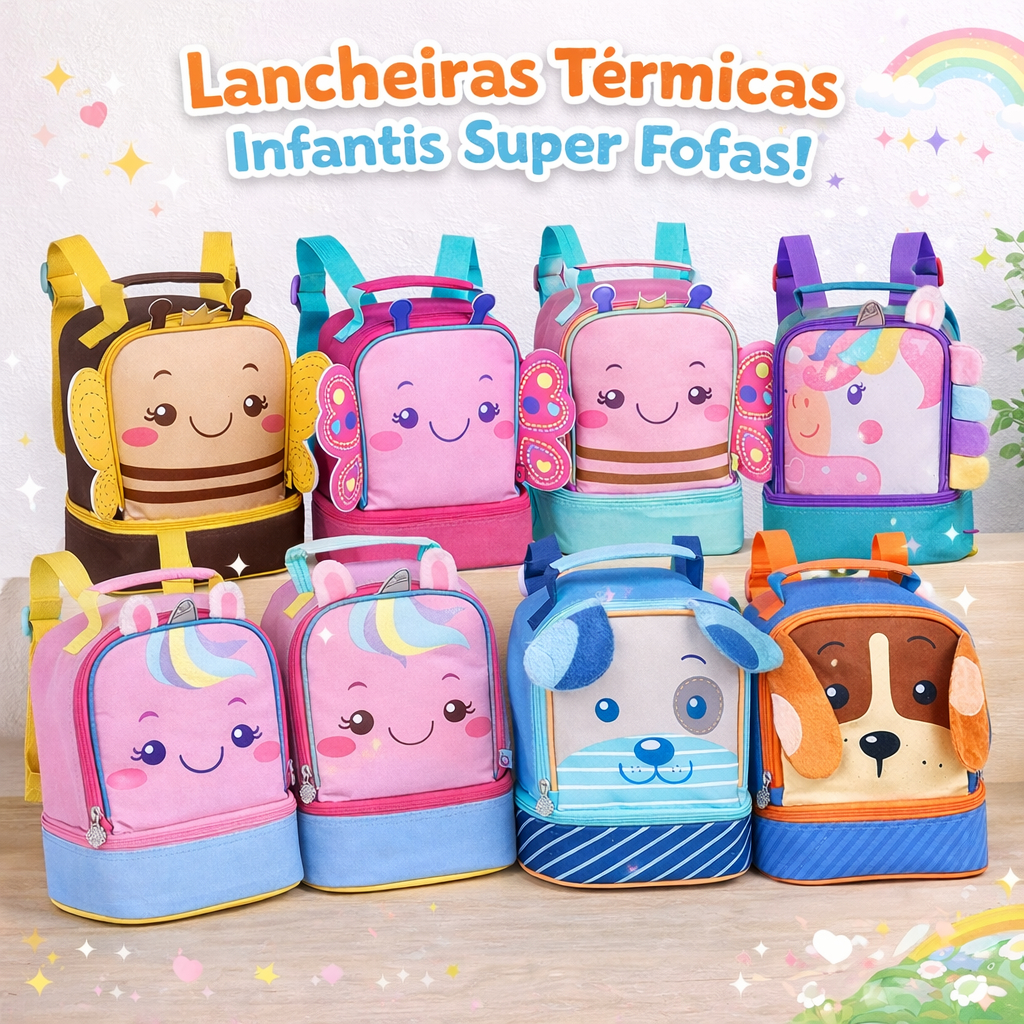 Lancheira Térmica Infantil Menina Menino Criança Clio Pets 9" Polegadas 2 Compartimentos Mochilinha