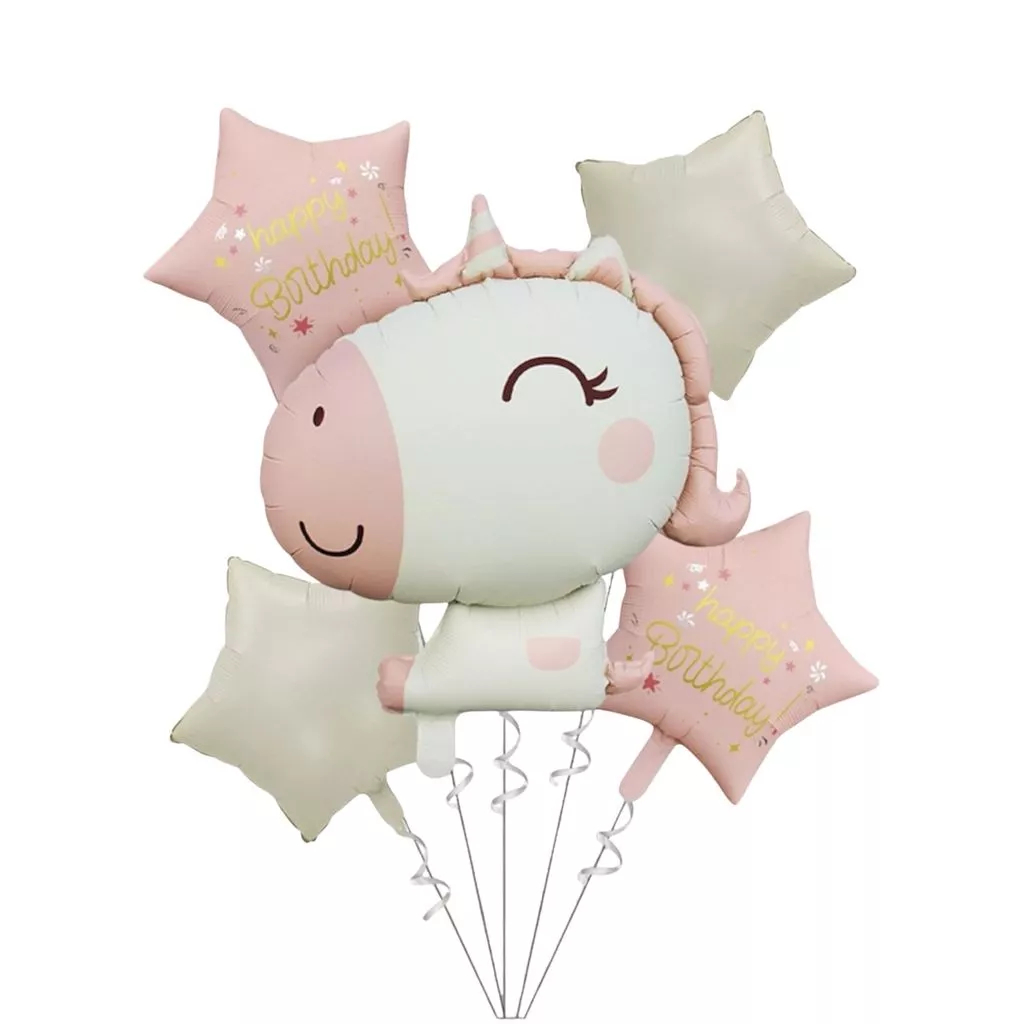 Kit 5 pcs Balão Metalizado Unicórnio Baby Estrelas Cores pasteis Festa Decoração Enfeite