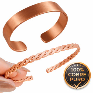 Kit 2 Pulseiras Bracelete Cobre Puro Lisa e Trançada Ajustável Unissex Masculino Feminino Artesanal