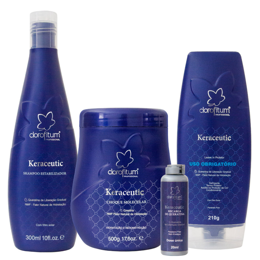 Kit Reconstrução Capilar Queratina Keraceutic Clorofitum Shampoo Máscara Leave-in Ampola Profissional