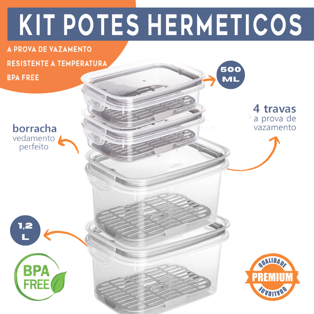 Kit 4 Porta Frios Potes Hermético C/ Travas Cesto Escorredor 1,2 L E 500ml Alimentos Frutas Vegetais