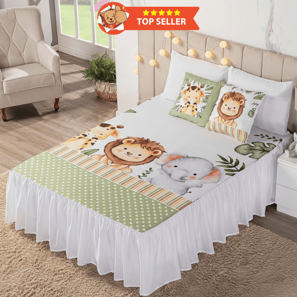 Kit Colcha Casal 7 Peças  Cobre Leito Casal Estampas Infantil Meninos Meninas Quarto Safari