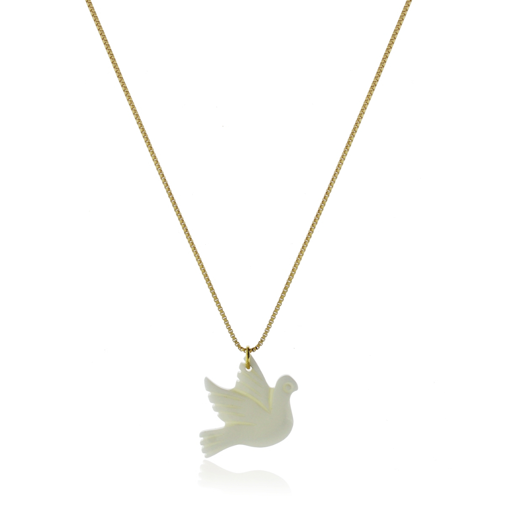 Colar Feminino Divino Espírito Santo Pomba Madrepérola Corrente Folheada a Ouro 18k Presente Mulher