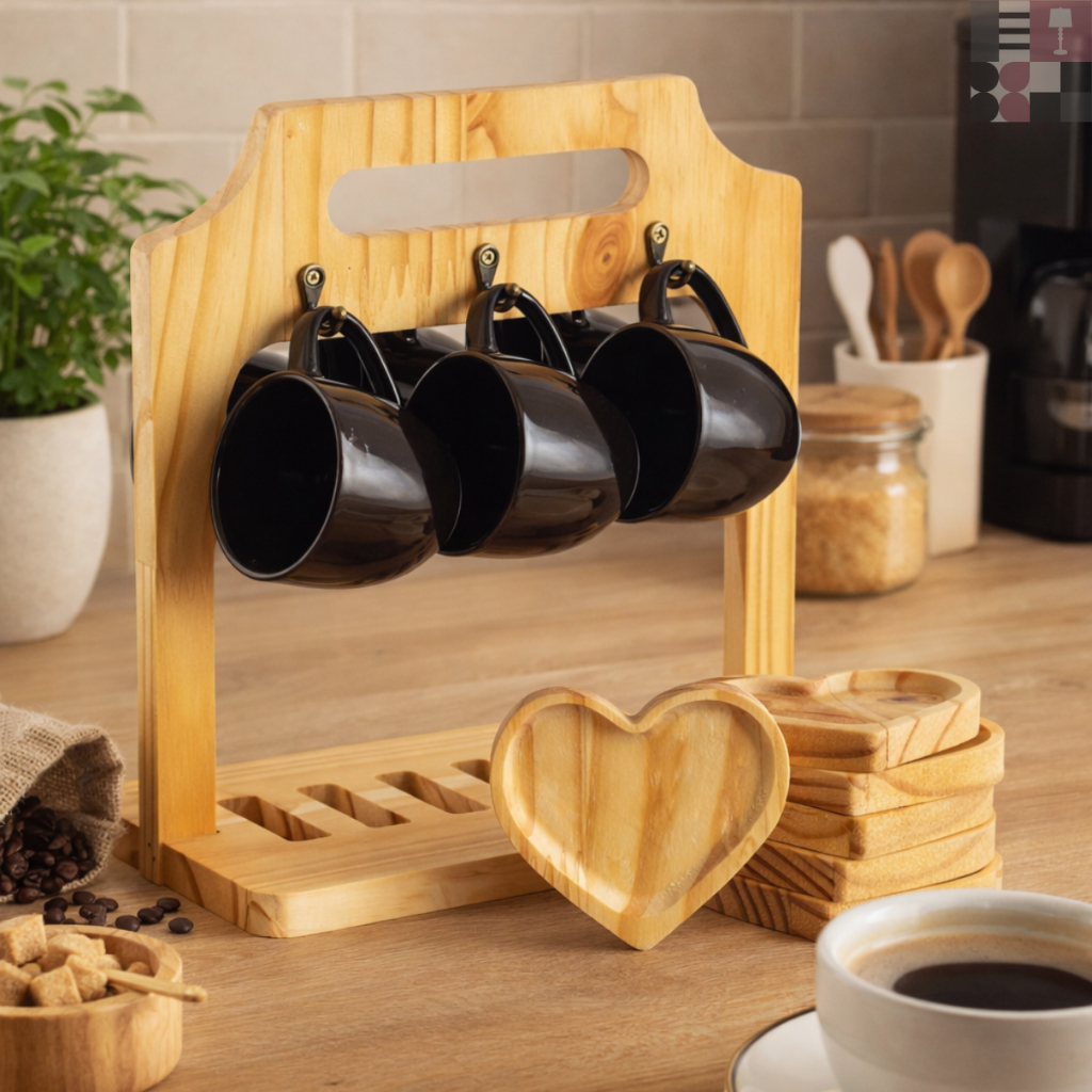 Kit Suporte Com 6 Xicara em Porcelana Cantinho do Café De Madeira Pires Coração